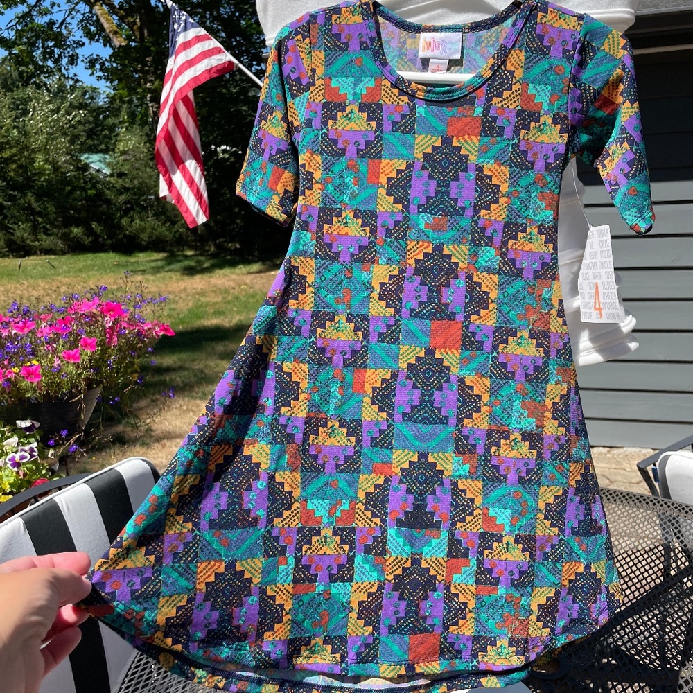 LuLaRoe Girls Dress Multicolored Black/Purple/Green/Orange Adeline Size 4 NWT